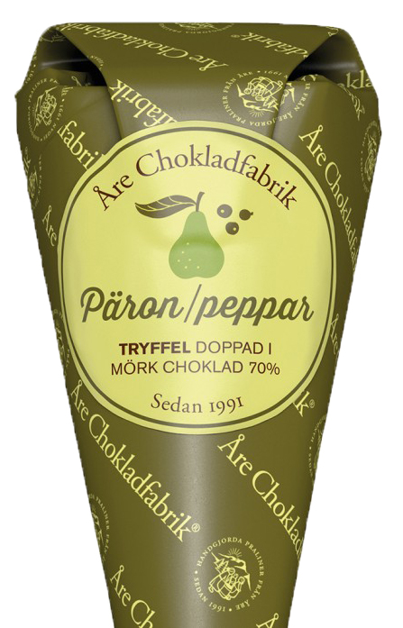 Päron/Peppar tryfflar förpackad i en dekorativ strut, från Åre Chokladfabrik